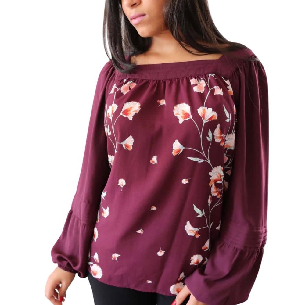 Lauren Conrad Womens Square Neck Long Sleeve Burgundy Wine Floral Blouse Top XS